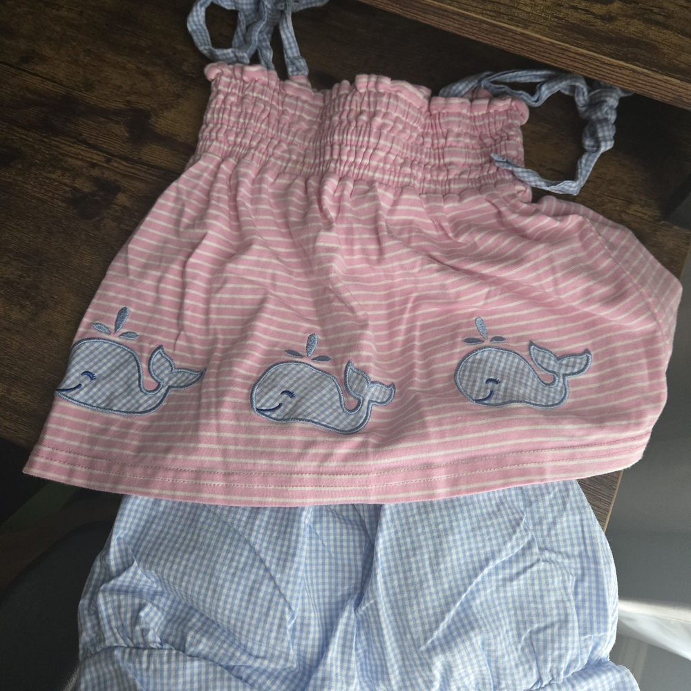 Pink Striped Whale Tank Top with Blue Whale Appliqué